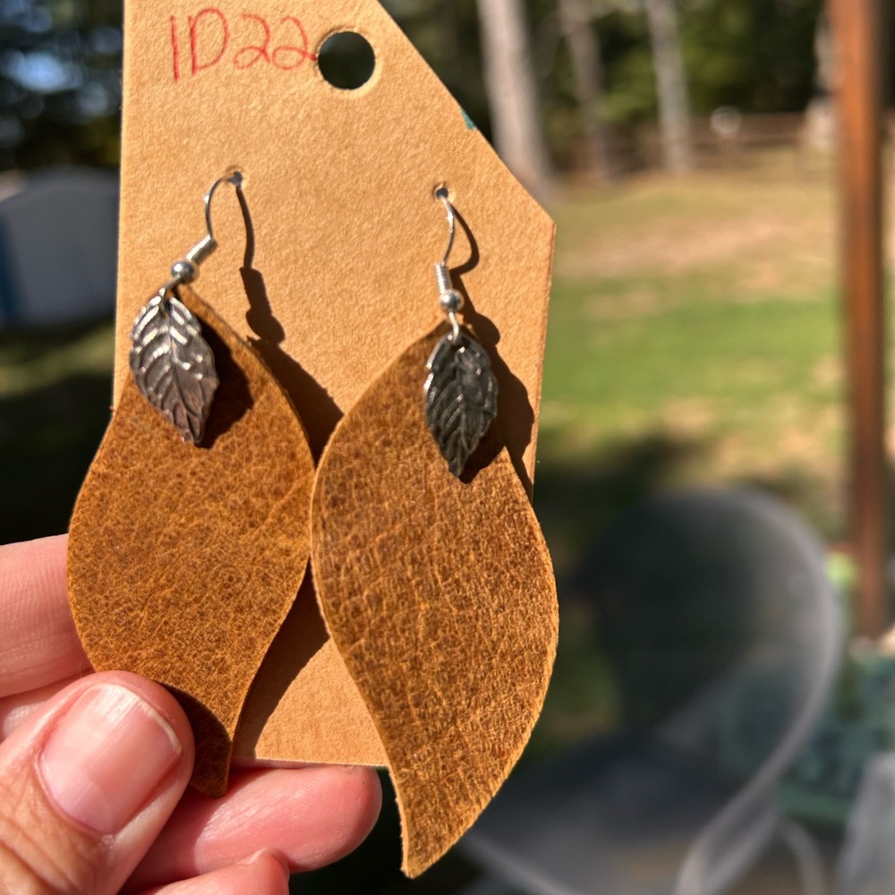 Brown Leaf-Shaped Earrings with Silver accents